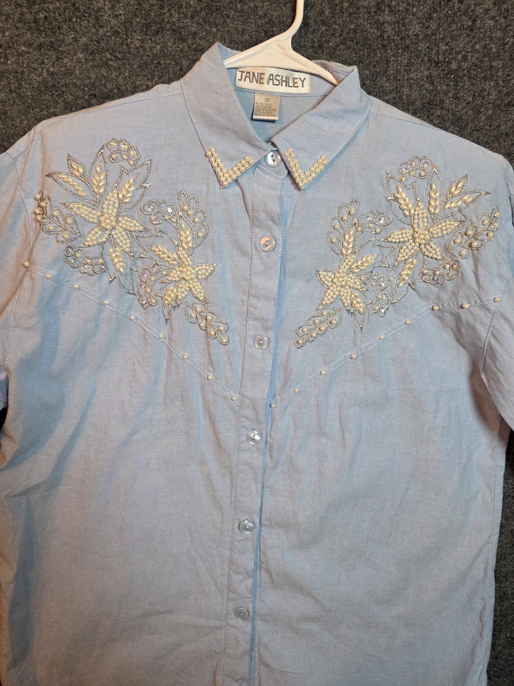 Vintage Jane Ashley Light Blue Pearl Faux Beaded Western Shirt Top Small